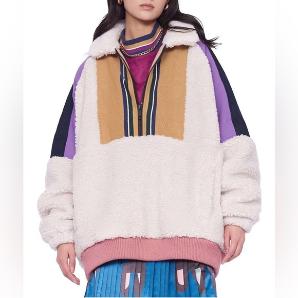 AlphaStyle Women's Colorblock Faux Shearling oversized Pullover size small - Picture 1 of 10